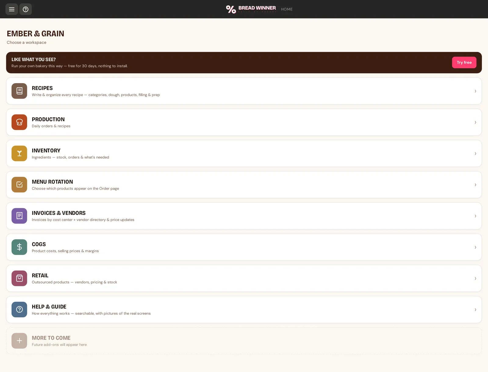 The Bread Winner demo open on a sample bakery's workspace menu